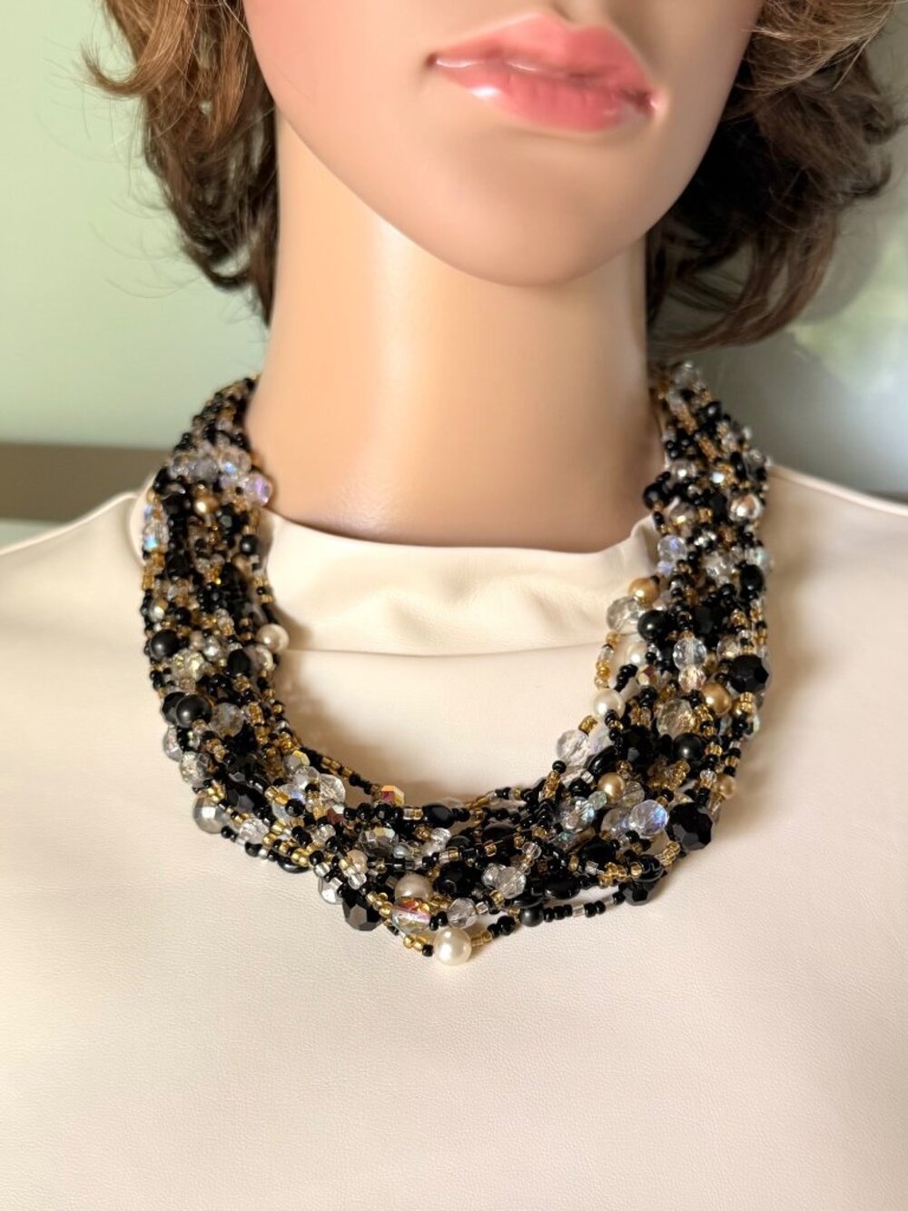 Vintage Joan Rivers Torsade 16 Strand Statement Necklace Black Gold 20in